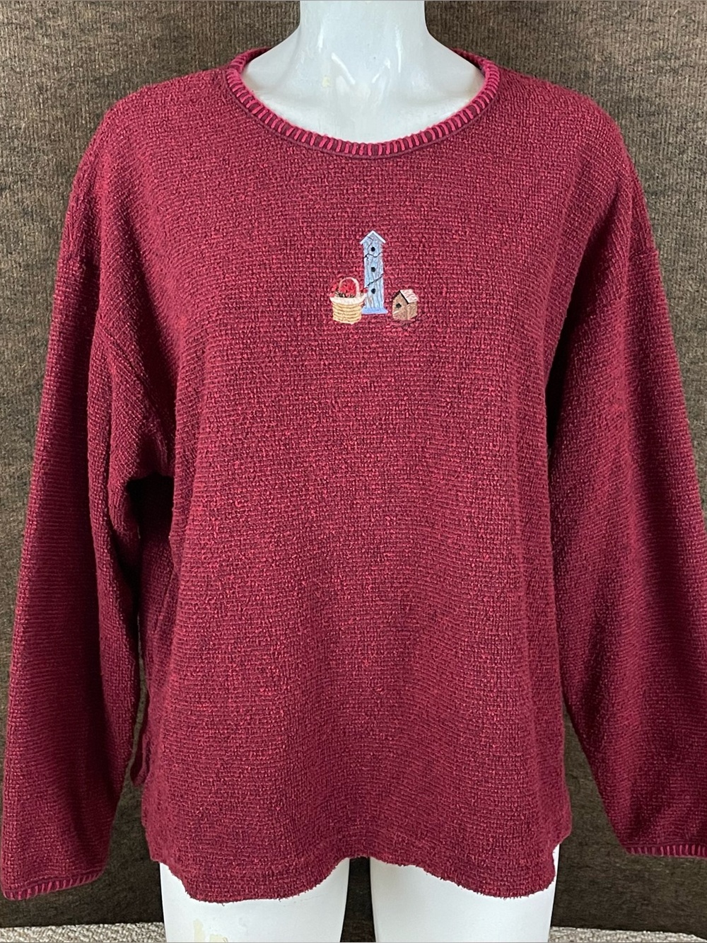 Vintage Birdhouse Fall Sweatshirt Womens XL Embroidered 90s Cottagecore USA D48